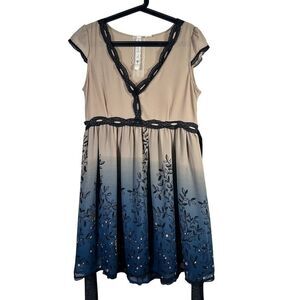 Anthropologie Nick & Mo Blue Ombre Dress Large Midi Tea Length Floral & Lace L